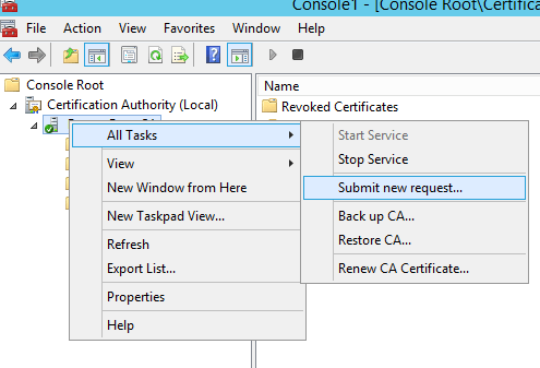 Issue Subordinate CA Certificate from Offline Root CA - SubmitRequest