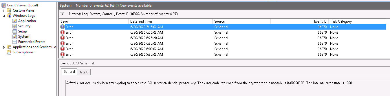 Event 36870 Schannel 10001 - A fatal error occurred