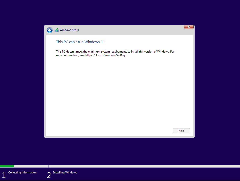 This PC Can't Run Windows 11 Regedit Bypass - Error Message